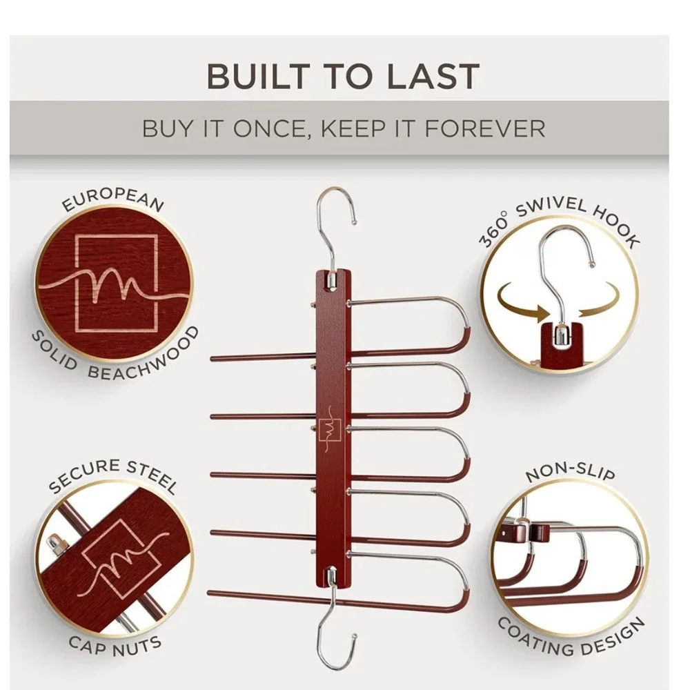 Pants Hanger 2 Pack Mahogany Wooden Closet Organizer Space Saving Collapsible‎